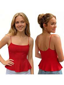 Women's Summer Flared Hem Camisole Sleeveless Open Back Solid Color Cami Tank Tops - 紅色 - 查看 6