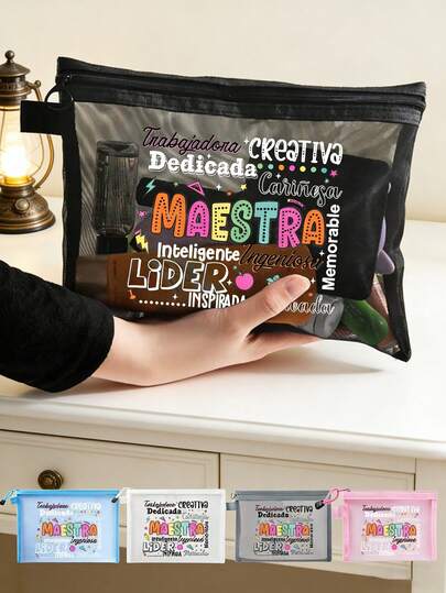 MAESTRA Letter Pattern Mesh Bag, Letter Lettering Floral Print Zipper Women'S Cosmetics Bag,Transparent Mesh Storage Bag Wash Bag, Gifts For Her,Suitable For Women'S Cosmetics Storage, University Dormitory Cosmetics Storage, Women'S Travel, Gift Bags,Teacher's Day Gift Bag, Gift For Teachers, Portable Shopping Bag