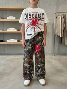 2 st/set äldre pojkar casual street fashion förklädda bokstäver och spindelgrafik t-shirt och kamouflagetryckta vida byxor, vår/sommar - Vitt - Visa 1