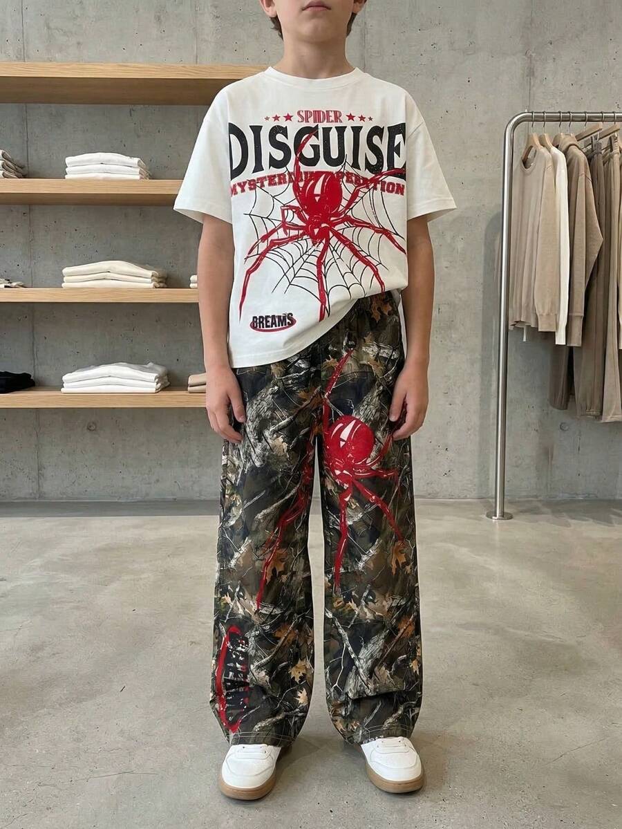 2 st/set äldre pojkar casual street fashion förklädda bokstäver och spindelgrafik t-shirt och kamouflagetryckta vida byxor, vår/sommar - Vitt - Visa 1