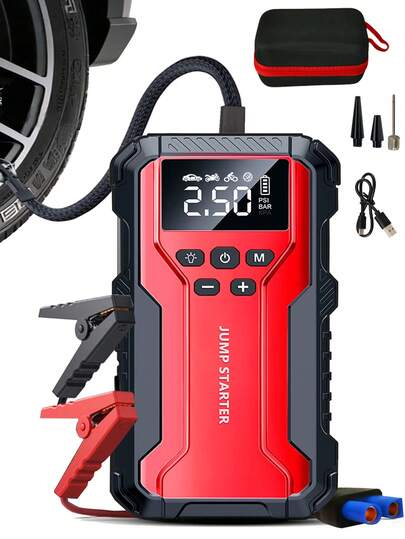 Air Compressor Jump Starter, Power Bank - Fast Phone Charging, Car Battery Charger, Emergency LED Light, Rapid Inflation, Tire Pressure Detection, Portable 12V Car Battery Booster