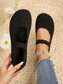 Autumn Women All Season Knit Mary Jane Flat Shoes, Solid Color Slip-On Round Toe Shoes, Fabric Upper & Lining, Rubber Outsole, Handwash Supported - 黑色 - 查看 8