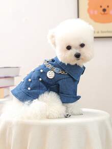 PETCIRCLE 1pc Pet Clothes, Dog Clothes For Small Dogs, Two-Leg Embroidered Dog Jacket, Dirt-Resistant Durable Dog Apparel - Pearl Chain Coat - Blue - View 3