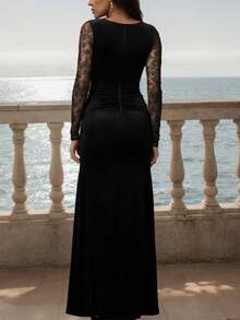 Abito elegante da sera formale con zip, in colore unito, con inserti in pizzo e volant, adatto per matrimoni e occasioni primaverili, colore nero - nero - Visualizzare 2