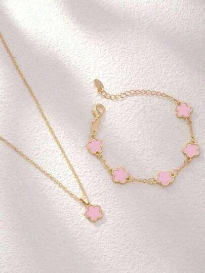 2pcs/Set, 1pc Pendant Necklace + 1pc Bracelet, Fashionable Luxury Personalized Minimalist Gold Star Flower Oval Jewelry Set, Suitable As Girlfriend, Wedding, Graduation, Date Gift OVJG COP9