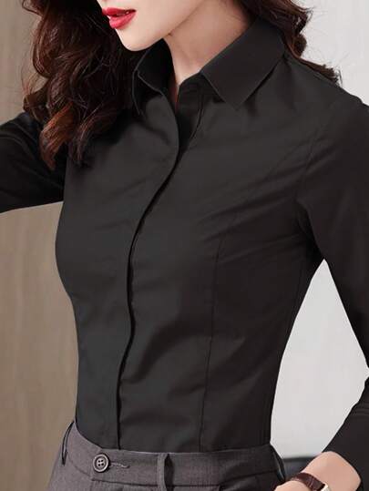 Women's Business Casual Short Sleeve Black Shirt, Professional Work Wear Blouse With Hidden Placket, Office Attire, 2025 New Arrival Spring