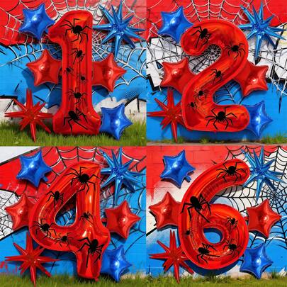 8 piezas Decoraciones de fiesta con tema de telaraña roja de 32 pulgadas, juego de globos con tema de telaraña para aniversario de 0 a 9 años