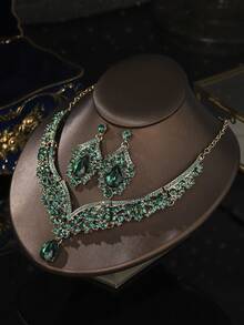 3pcs Green Necklace & Earrings Jewelry Set, Elegant Bridal Wedding & Party Accessories - Green - View 5