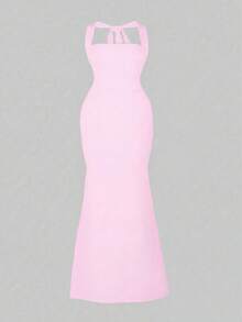 Glamful Solid Color Elegant French Style Halter Chiffon Maxi Dress, Suitable For Vacation, Date, Wedding, Wedding Party - Pink - View 7