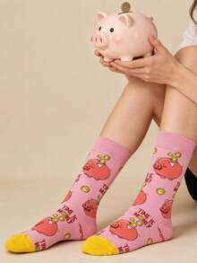 1 Paar Damen Cartoon Sparschwein Knöchelsocken, vielseitige Freizeitsocken für alle Jahreszeiten, Frühling/Sommer, Paare - Verschiedenfarbig - Übersicht 2
