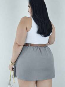 Tailored Plus Size Short Skirt With Belt In Various Colors - Summer - Grey - View 2