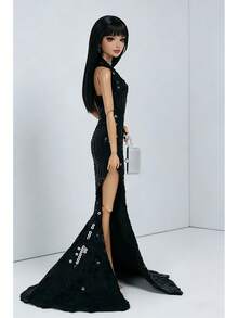 Luxury Handmade Doll Evening Dress, Elegant Black Sequin Maxi Dress With Slit, Matching Accessories Bag, Suitable For 11.5-12 Inch Dolls, Great Gift For Girls And Teens - Black - View 2