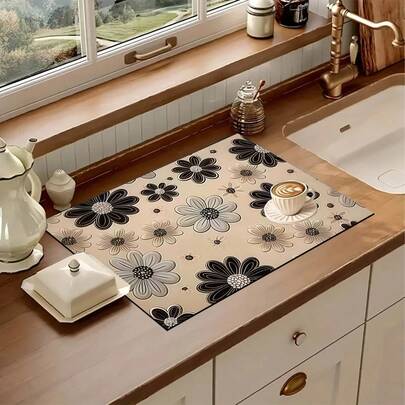 1 tấm lót thấm hút bát đĩa in hình mèo dễ thương, siêu thấm hút, che phủ vết bẩn, đế cao su, đa năng, thích hợp cho máy pha cà phê, giá đựng bát đĩa, mặt bàn bếp, ấm pha cà phê.