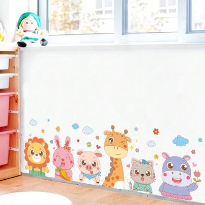 ملصقات حائط لخط قاعدة الحائط بتصميم حيوانات الغابة السفاري، زرافة أسد قطة فيل، ديكور جدران للحمام وغرفة النوم وغرفة الألعاب