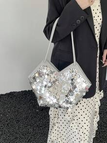 2026 Summer New Arrival Sequin Tassel Tote Bag, Large Capacity Minimalist Versatile Shoulder Handbag For Women - Silver - View 7