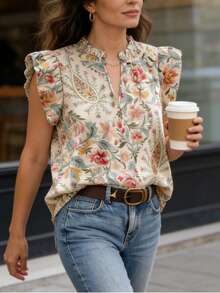 Women's Bohemian Style Camouflage & Floral V-Neck Loose Petal Sleeve Casual Blouse, Spring/Summer - Apricot - View 6