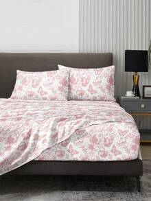 Bộ ga trải giường 4 món họa tiết bướm và hoa lãng mạn, chất liệu microfiber mềm mại dễ giặt ủi, thiết kế hoa cổ điển, bao gồm 1 ga phẳng + 1 ga bọc nệm + 2 vỏ gối, phù hợp với giường cỡ Twin/Full/Queen/King, phù hợp với nệm có độ dày lên đến 11.8", mềm mại và thoáng khí, sang trọng như khách sạn, món quà tuyệt vời dành cho mẹ, bố và bạn bè. - Màu Hồng baby - Xem 2