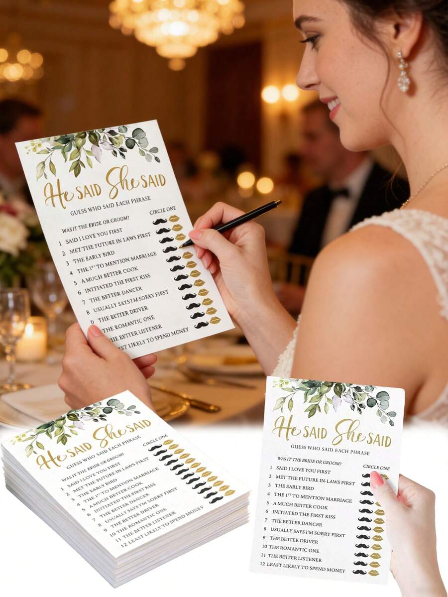 10 piezas Juego de ducha nupcial, Él dijo Ella dijo Juego de ducha nupcial, Tema de eucalipto, Preguntas divertidas de la novia y el novio, Actividad de ducha de bodas, Fiesta de compromiso y despedida de soltera - multicolor - Ver 1