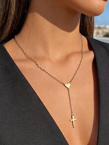 1pc Heart-Shaped Long Y-Chain Necklace With Cross Pendant, Cross Jewelry, Women's Necklace Suitable For Daily Wear And Parties - Gold - View 1