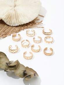 10pcs Star & Moon Open Toe Rings, Geometric Hollow Adjustable Beach Foot Jewelry Set - Gold - View 5