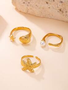 3pcs/Set Gold-Plated Ocean Theme Open Rings Set, Starfish, Shell & Pearl Design, Fashionable Rings For Women Summer Beach Vacation - Gold - View 3