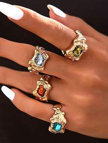 20/10/5件套复古优雅波西米亚风女士不规则褶皱彩色宝石、猫眼石、心形金属戒指套装，适合日常、派对、婚礼、节日、情人节、约会佩戴（随机发货） - 金色 - 查看 11