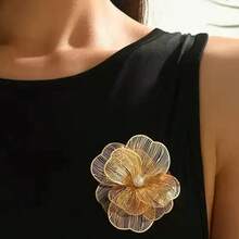 Broche de flor de camélia dourada em formato assimétrico (1 peça), acessório para vestido, acessório para alça, ideal para festas e ocasiões especiais. - Camélia - Ver 6