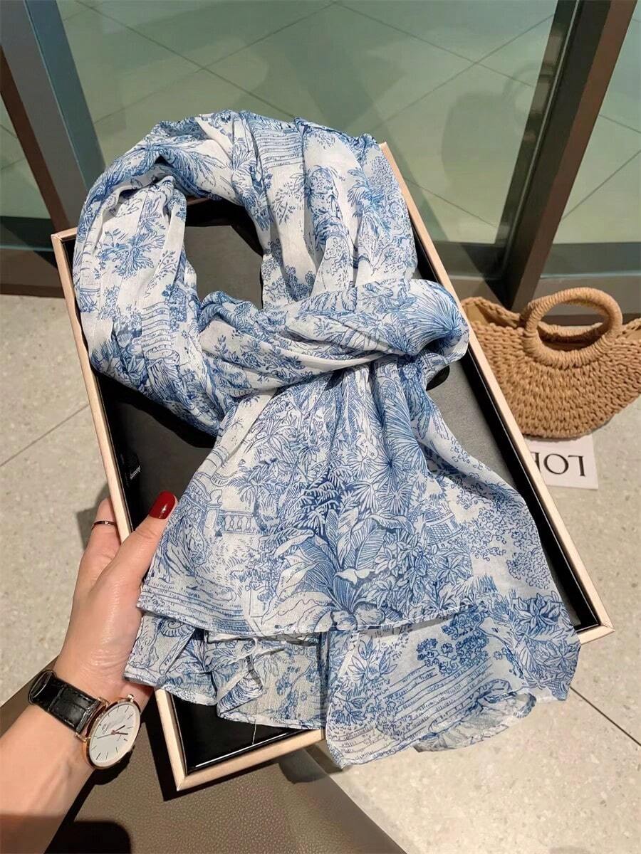 1条蓝色围巾，女士多功能冬季披肩，春秋季雪纺围巾，保暖颈部围脖，超大披肩/沙滩巾 - 藍色 - 查看 1