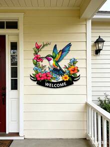 1件金属蜂鸟墙饰，带欢迎牌，色彩缤纷的鸟形门廊装饰，适用于展示家庭地址、家居装饰、花园装饰、卧室装饰、房间装饰、房屋入口，也是送给家人和朋友的生日礼物和节日礼物。 - 彩色 - 查看 3