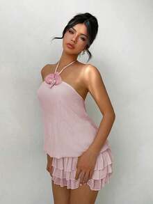 Women's Yellow Low Waist Super Short Sexy 3D Floral Camisole Backless Ruffle Hem Mini Dress, Elegant, Fashionable, Suitable For Daily Commute, Party, Carnival, Valentine's Day, New Year, Beach Vacation Summer - 淺粉色 - 查看 7