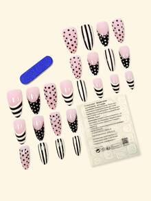 24pcs Press On Nails Long Almond French Nails Y2k Pink Nails Black And White Stripes Reusable Press On Acrylic Nails Fake Nails Supplies Free Of 24 Pieces Of Jelly Tabs And A Mini File - Baby Pink - View 2