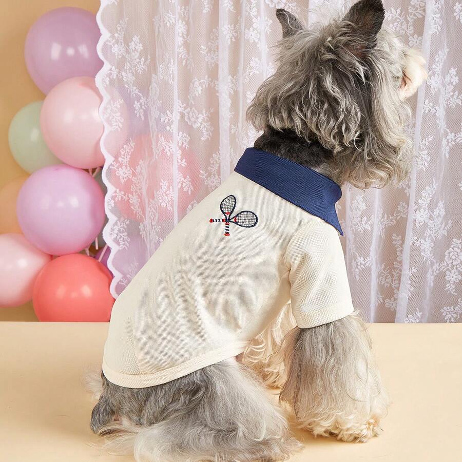 网球Polo衫狗狗服装，轻便夏季Polo领套装，适合贵宾犬、泰迪熊、宠物、社交媒体明星 - 白色 - 查看 1