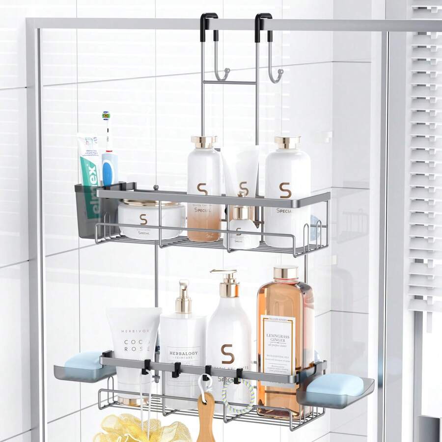 Over The Door Shower Caddy Hanging: Black Rustproof Shower Organizer Over The Door - No Drilling Bathroom Rack For Inside