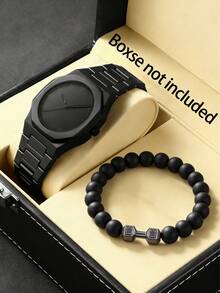 2pcs Fashion Boy's Quartz Watch Set With Dumbbell Bracelet, Plastic Case, Arabic Numeral Dial, (No Gift Box), Fits Most, Suitable For Daily Wear, Friend Gift - Black - View 2