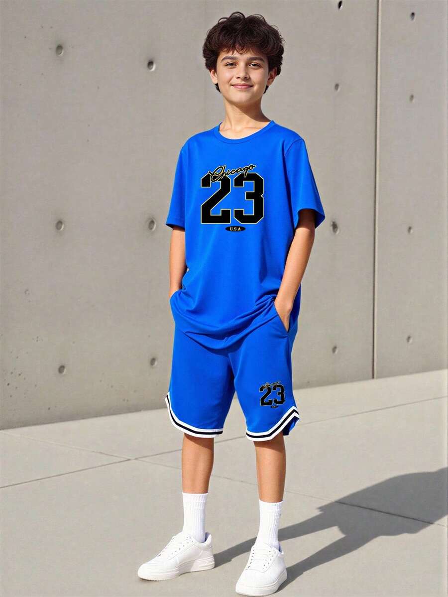 Conjunto deportivo de 2 piezas con diseño de letra impresa para niño preadolescente, conjunto de ropa deportiva casual para niños mayores - Azul - Ver 1