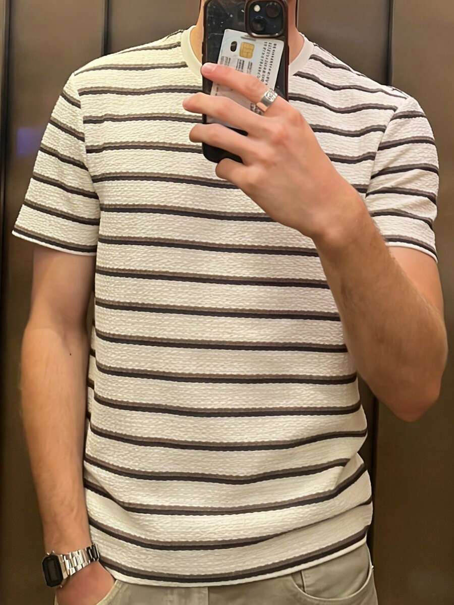 Men's Vintage Colorblock Striped Textured Short Sleeve T-Shirt, Loose Fit Round Neck Casual Versatile Commuter Top For Summer - White - View 1