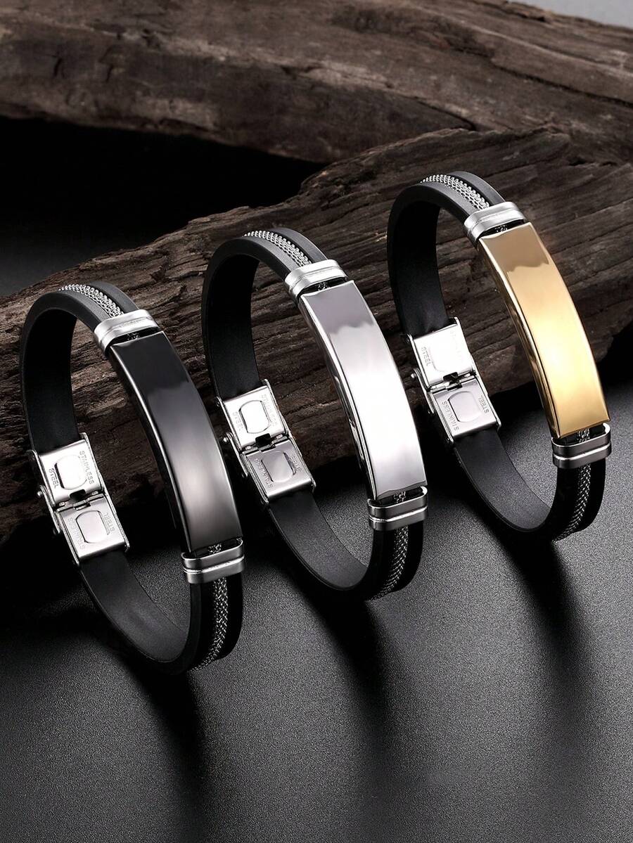 男士不锈钢链手链，硅胶腕带，夏季可水洗 - 幾何 - 查看 1