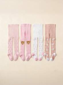 4双装女童连裤袜，可爱兔子、小熊、草莓和爱心图案，柔软透气舒适时尚婴儿连裤袜，春秋季款 - 彩色 - 查看 15