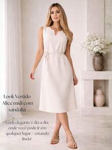 Women's Elegant Linen Midi Dress With Adjustable Drawstring, Casual, Summer, Winter, Timeless, Stylish, Boho, Party, Linen Tie-Drawstring, Evening, Daily, Work, Conference, Office, Timeless - Light Beige - 查看 6