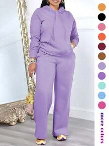 Women's Casual 2-Piece Set, Solid Color Elegant Long Sleeve Hooded Sweatshirt With Drawstring Pocket And Straight Leg Drawstring Pants - 淡紫色 - 查看 2