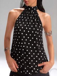 Áo hai dây chấm bi hở lưng thời trang nữ, áo không tay dáng dài vừa phải bằng vải dệt, thiết kế hở lưng màu đen mùa hè - màu đen - Xem 8