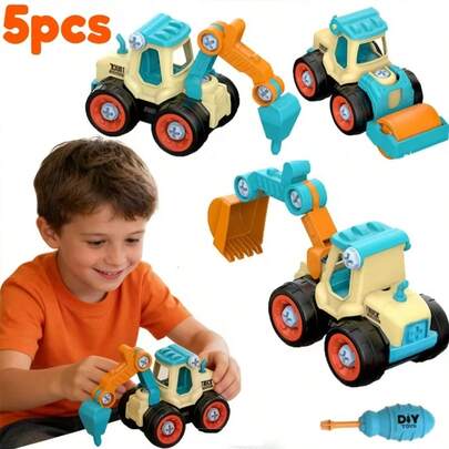 5pcs/Set Engineering Vehicle Toy Set | Detachable Screw Construction Vehicles Assembly Toys, Educational Excavator Building Blocks, Christmas/New Year/Birthday Gift, Nut Puzzle Assembly, Disassembly Simulation Sliding, Manual Power