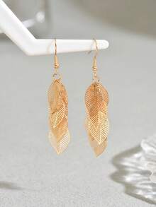 1 paire de boucles d'oreilles à gland feuille creuse minimaliste pour femmes, polyvalentes et à la mode pour un port quotidien - Or - E1394 - Voir 3