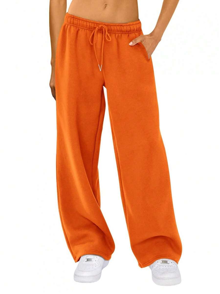 Women's Casual Joggers Sweatpants Solid Color Drawstring High Waist Wide Leg Trousers - Orange - View 1