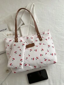 Bộ 2 túi tote họa tiết quả anh đào kèm ví đựng tiền xu, túi đeo vai dung tích lớn dành cho nữ, túi công sở thường ngày. - Màu be - Xem 7