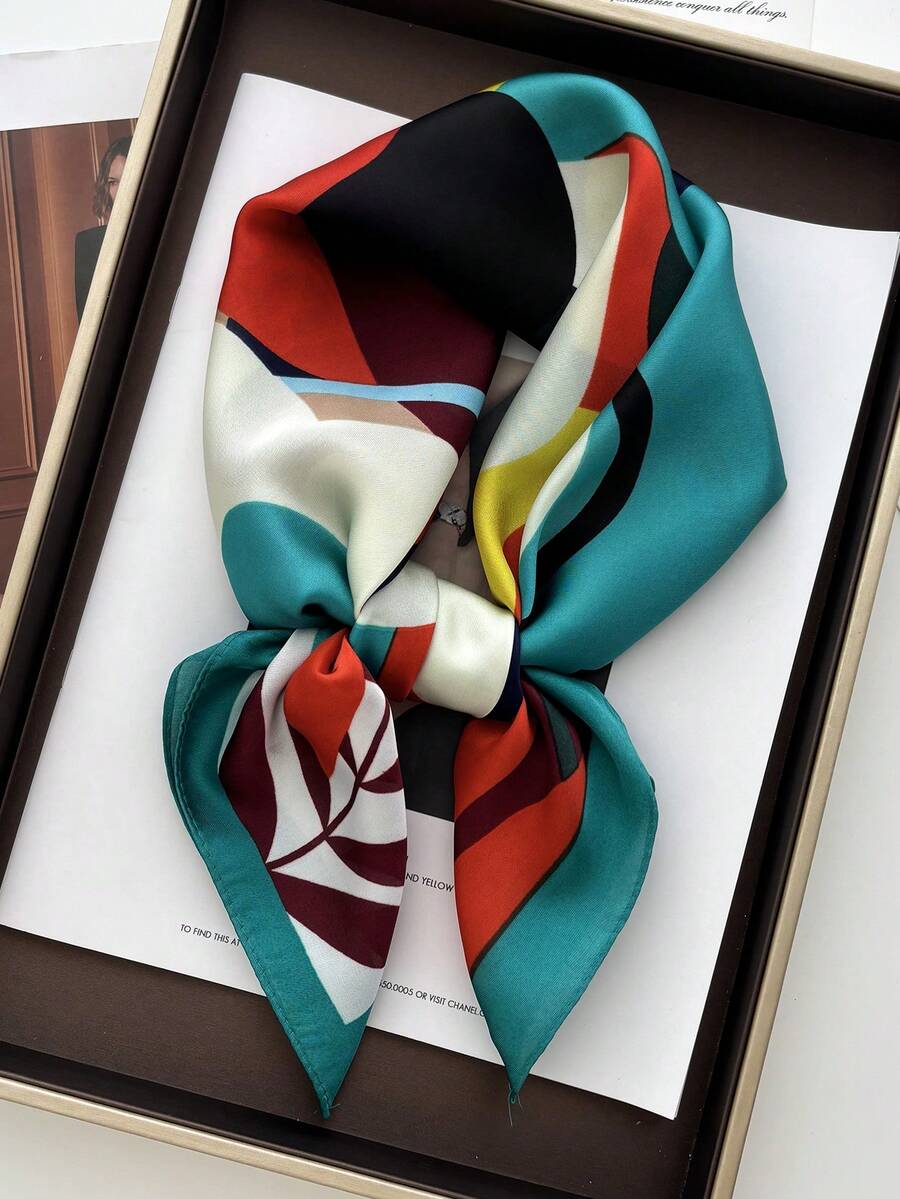 1pc 70*70cm Square Silk Printed Scarf, Fashion Headband Neckerchief Shawl For Women - Mint Blue - View 1