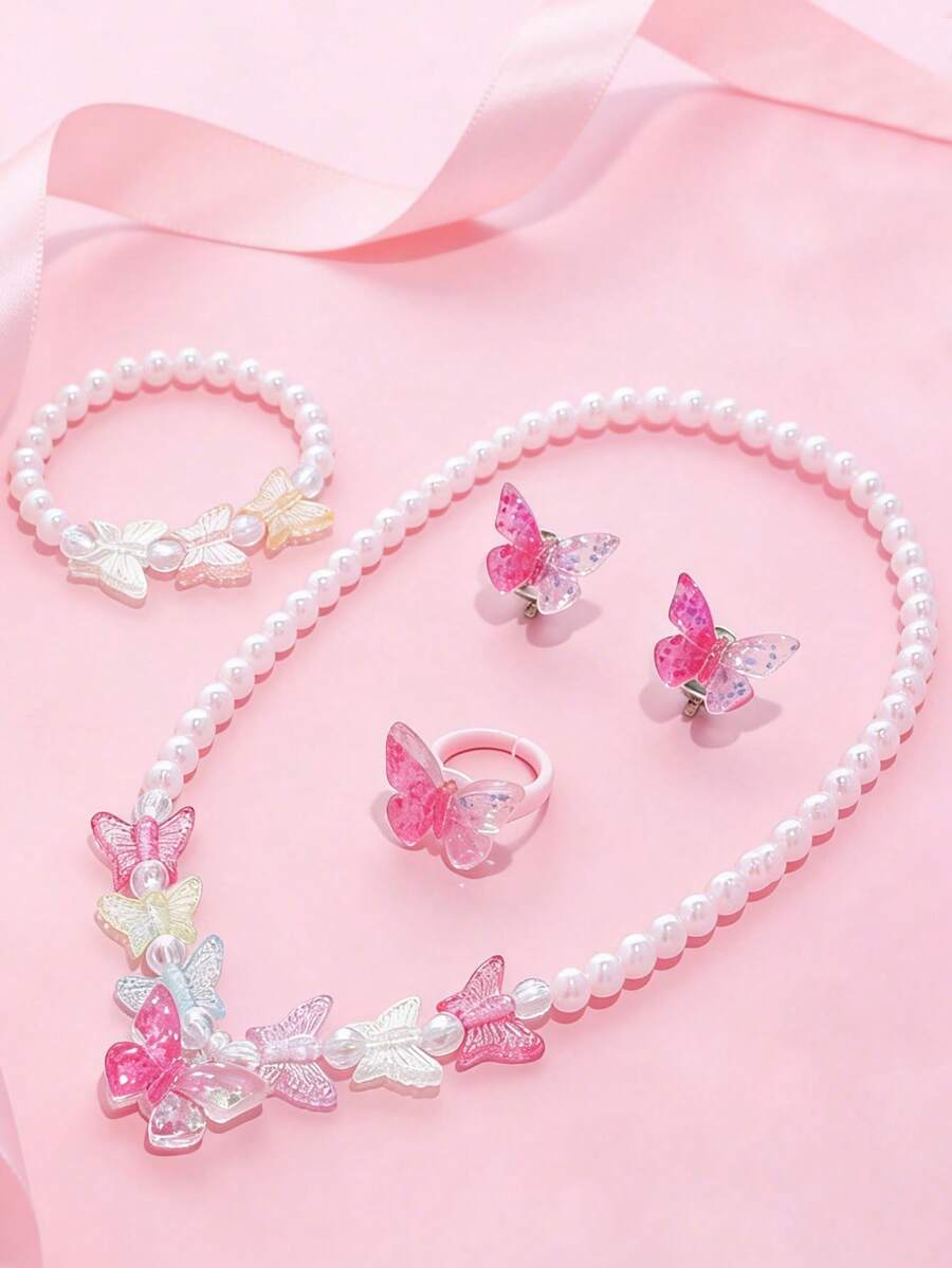 5pcs/Set Girls Cute Butterfly Pendant Necklace, Bracelet, Ring And Earclip Jewelry Set, Suitable For Daily, Festival, Party, Birthday Gift - Multicolor - View 1