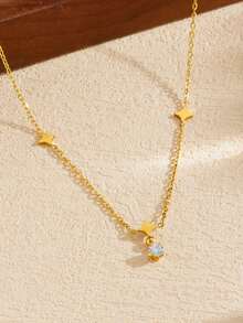 1件套优雅镶钻圆形吊坠镀金星形配饰链不锈钢首饰锁骨项链 - 金色 - 查看 2