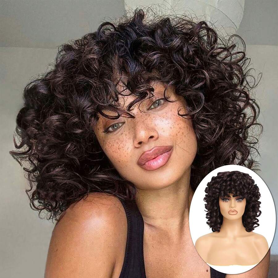 14 Inch Curly Wigs Short Curly Wig With Bangs Heat Resistant Synthetic Fiber Hair Cosplay Wigs