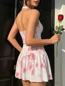 Vestido de cuello halter con estampado de estilo vacacional, vestido de punto con espalda descubierta sexy para mujeres en verano - Rosa - Ver 6